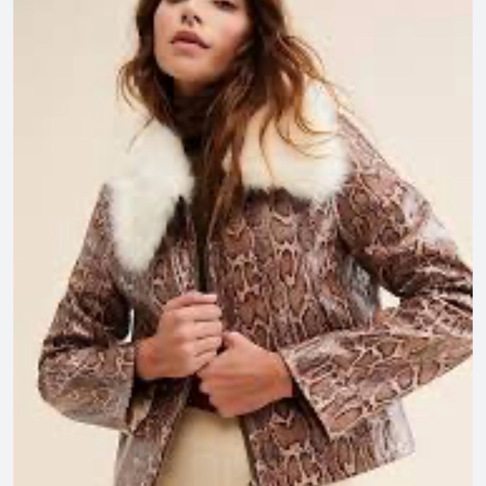Unreal Fur Taipan Vegan Leather Jacket XL brown snakeskin plush faux fur Collar
